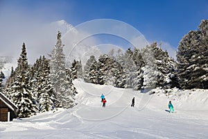 Lyžiari na svahu. Zimné Slovensko