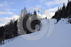 Skiers and snowboarders in Austrian ski resort Hochgurgl