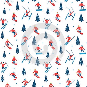 Skiers and snowboarders cartoon flat style. Ski resort. Winter sport activity. Seamless pattern