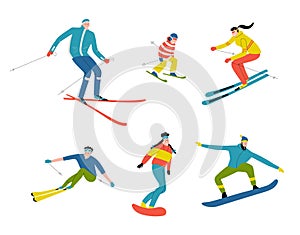 Skiers and snowboarders, cute doodle people. Funny cartoon men, women and child in the ski resort.