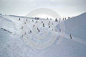 Skiers and snowboarders riding on a ski slope