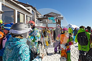 Skiers and snowboarders. Ski resort of Rosa Khutor. Sochi. Russia