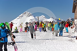 Skiers and snowboarders. Ski resort of Rosa Khutor. Sochi. Russia