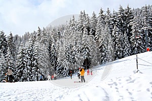 Skiers on snowy mountainside