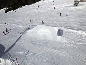 Skiers view from top, alpine mountains