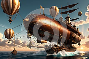 Skies of Steam: Steampunk Airship Towering Over the Ocean\'s Surface, Intricate Gears, and Steam Bellowing from Pipes