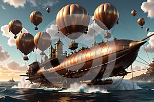 Skies of Steam: Steampunk Airship Towering Over the Ocean\'s Surface, Intricate Gears, and Steam Bellowing from Pipes