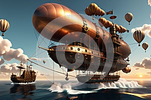 Skies of Steam: Steampunk Airship Towering Over the Ocean\'s Surface, Intricate Gears, and Steam Bellowing from Pipes