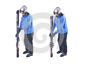 Skiier demonstrate how to connect skis and prepare for carrying.