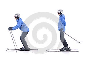 Skiier demonstrate how to push away in skiing. Sliding. photo