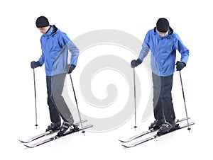 Skiier demonstrate how to put on the skis