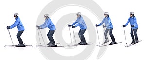 Skiier demonstrate how to turn around the tops of skis