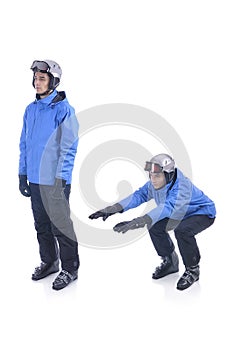 Skiier demonstrate warm up exercise for skiing