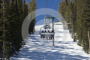 Skiiers riding up chairlift