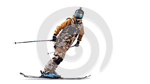 Skiing in action. High speed skier. Side view. Speed. Isolated