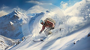 Skiing in Alps, Snow-covered peaks, Action-packed descents, Winter sports thrill, Skiing equipment