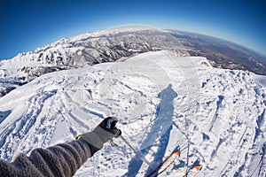 Skiing on the Alps, subjective personal view, fisheye lens photo