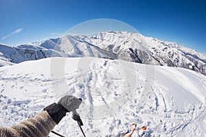 Skiing on the Alps, subjective personal view, fisheye lens photo