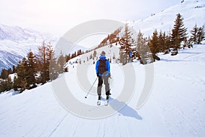 Skiing in Alps, winter sport in mountains