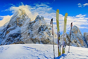 Skiing with amazing panorama of Pale di Sant Martino di Castrozza. photo