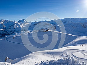 Skiing with amazing view of french famous mountains in beautiful winter snow 3 vallees France, Meribel. 2018. Blue sky and a lot o