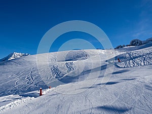 Skiing with amazing view of french famous mountains in beautiful winter snow 3 vallees France, Meribel. 2018. Blue sky and a lot o