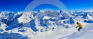 Skiing with amazing view of swiss famous mountains in beautiful winter snow  Mt Fort. The matterhorn and the Dent d`Herens. In th