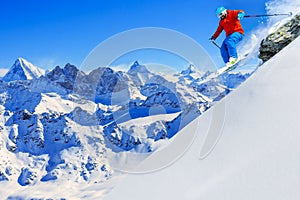 Skiing with amazing view of swiss famous moutains in beautiful w
