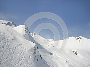 Skiing area in the Silvretta mountains near Montafon in the swiss Alps