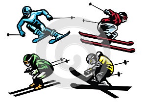 Skiing athletes in set