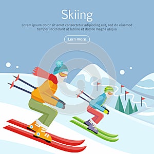 Skiing Banner. Skiers on Snowy Slope Competition.