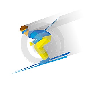 Skiing. Cartoon skier in blue and yellow running downhill.
