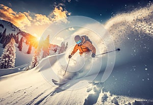 Skiing in Deep Powder Snow. Mountains at Sunset. AI generated Illustration