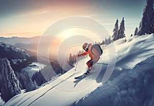 Skiing in Deep Powder Snow. Mountains at Sunset. AI generated Illustration