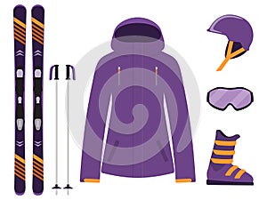 Skiing equipment, set. Skis, ski poles, helmet, glasses, boots, jacket. Winter equipment icons. Vector illustration in flat style.