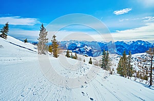 Skiing on Feuerkogel Mountain plateau, Ebensee, Salzkammergut, Austria