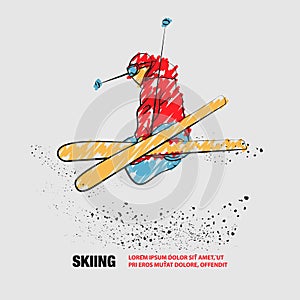 Skiing freestyle athlete in fly position with cross skis figure. Vector outline of Skiing freestyle with scribble