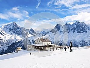 Skiing in French Alps in view of Chamonix Aguilles