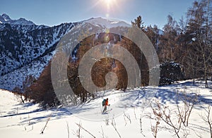 Skiing on the fresh powder snow