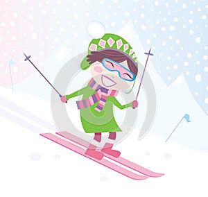 Skiing girl on snowy hill