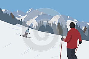 Skiing in high mountains, flat design vector illustration. Downhill skiier