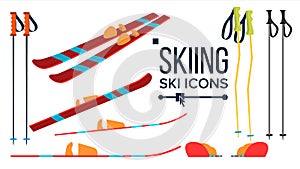 Skiing Icons Vector. Different View. Winter Sport Equipment. Equipment. Mountain Vacation, Activity, Travel. Isolated