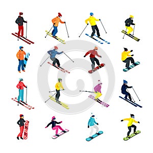 Skiing isometric set photo