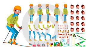 Skiing Male Vector. Animated Character Creation Set. Man Full Length, Front, Side, Back View, Accessories, Poses, Face