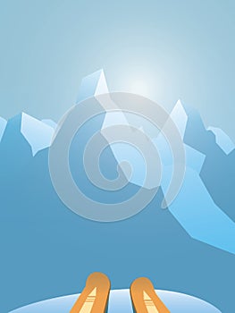Skiing in the mountains vector concept with first person view on skis and the mountains. Outdoor, active, healthy photo