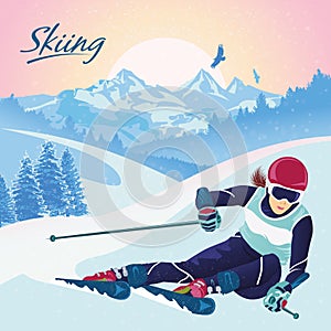 Skiing in the mountains. Vector illustration that promotes recreation, sports, tourism and travel.