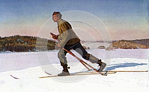 Skiing in Norway, circa 1900 photo