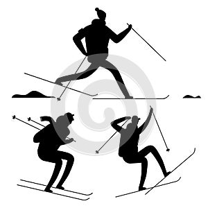 Skiing people black silhouettes isolated on white background