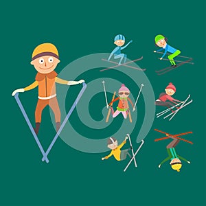 Skiing people tricks vector illustration.