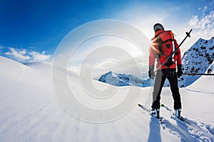 Skiing: rear view of a skier in powder snow.